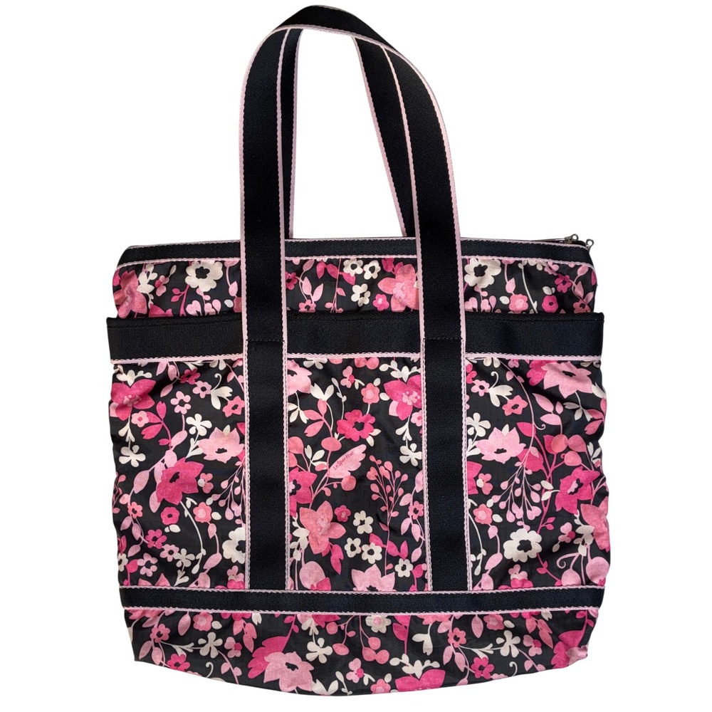LeSportsac Black Pink Floral Nylon Tote Bag Shoulder Travel Purse Y2K